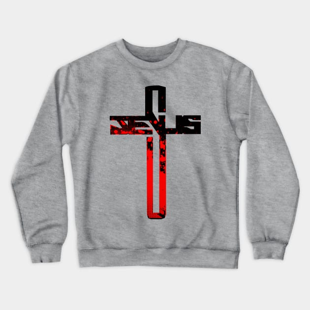 Red and Black Jesus Cross Crewneck Sweatshirt by AlondraHanley